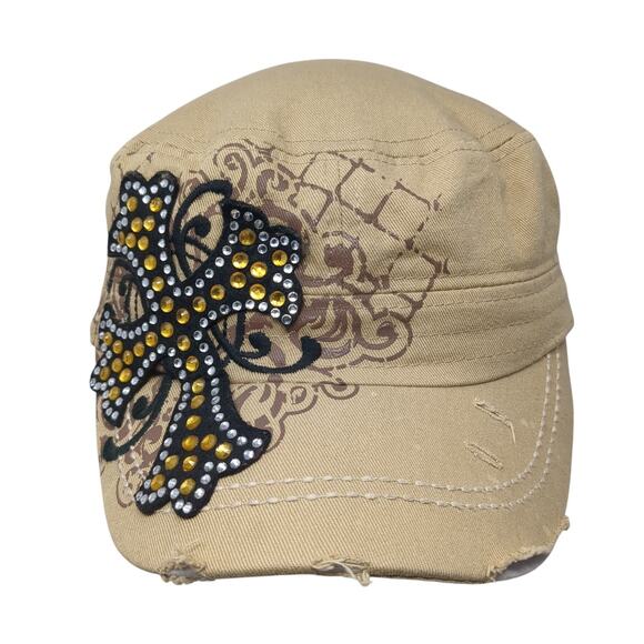 Cross Cadet Army Cap Brown One Size Adjustable Distressed Rhinestone Leader LOGA - Picture 1 of 8